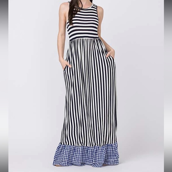 egs by éloges Navy Stripe & Gingham Pocket Sleeveless Maxi Dress, sz Small - Picture 1 of 12